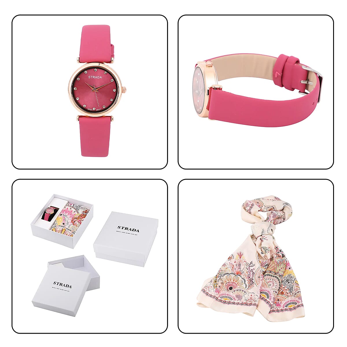 Set of 2 Strada White Crystal Japanese Movement Watch with Rose Vegan Leather Strap and Pink Print Polyester Scarf image number 6