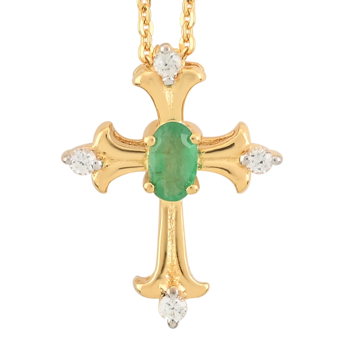 AAA Kagem Zambian Emerald and Zircon Pendant Necklace 20 Inches in Vermeil Yellow Gold Over Sterling Silver 0.30 ctw image number 0