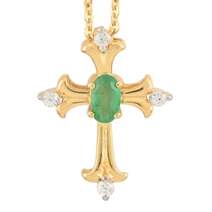 AAA Kagem Zambian Emerald and Zircon Pendant Necklace 20 Inches in Vermeil Yellow Gold Over Sterling Silver 0.30 ctw
