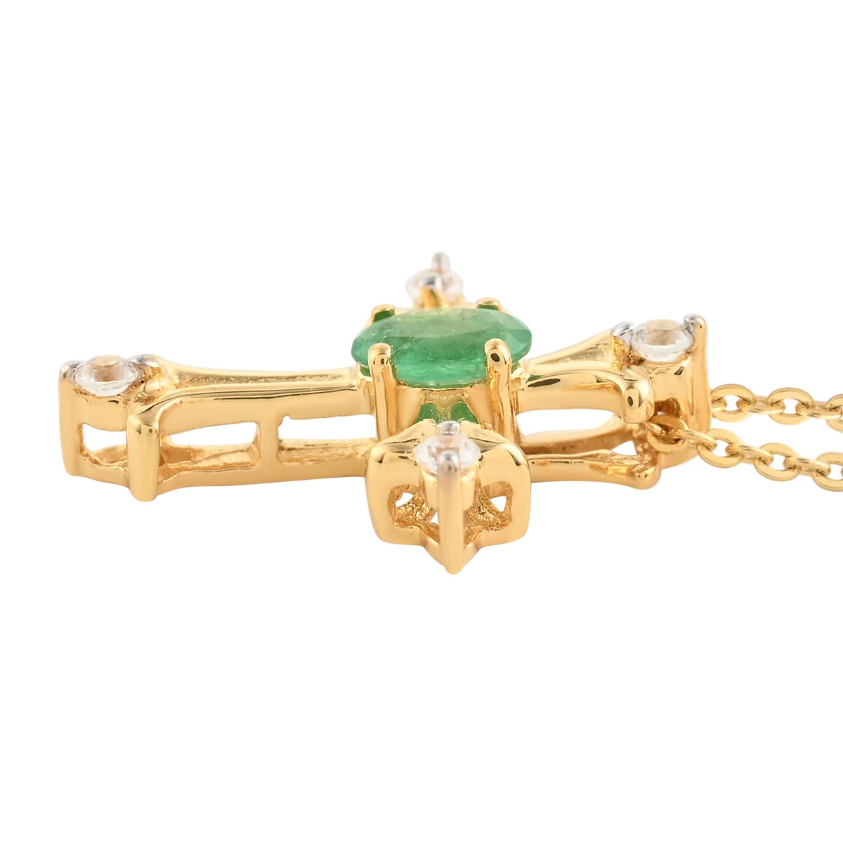 AAA Kagem Zambian Emerald and Zircon Pendant Necklace 20 Inches in Vermeil Yellow Gold Over Sterling Silver 0.30 ctw image number 2