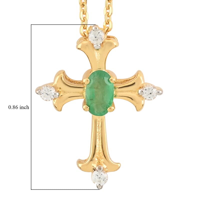 AAA Kagem Zambian Emerald and Zircon Pendant Necklace 20 Inches in Vermeil Yellow Gold Over Sterling Silver 0.30 ctw
