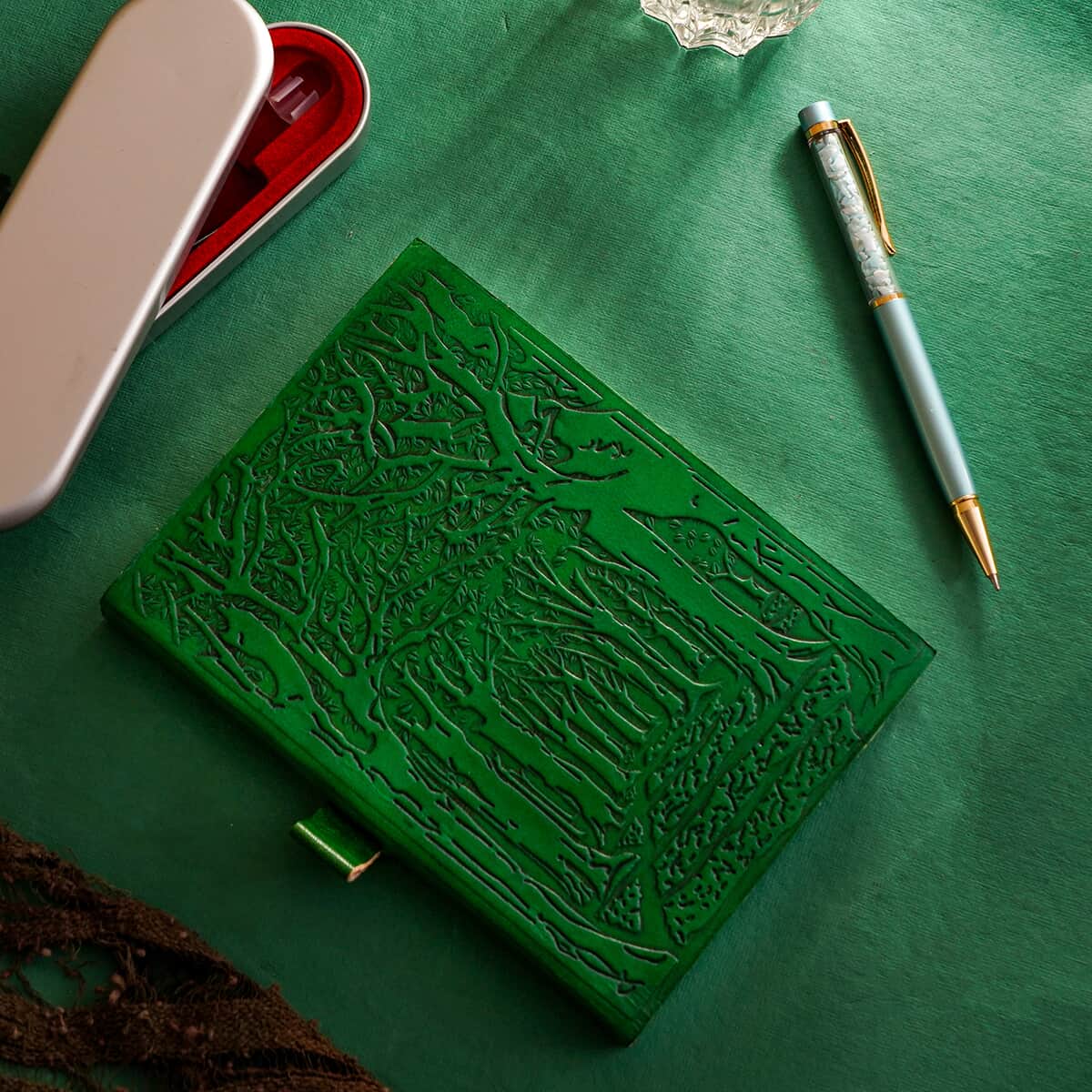 Hand-embossed Genuine Leather Diary with Handmade Papers & Larimar Green Forest Filled Ball Pen with Extra Refill  image number 1