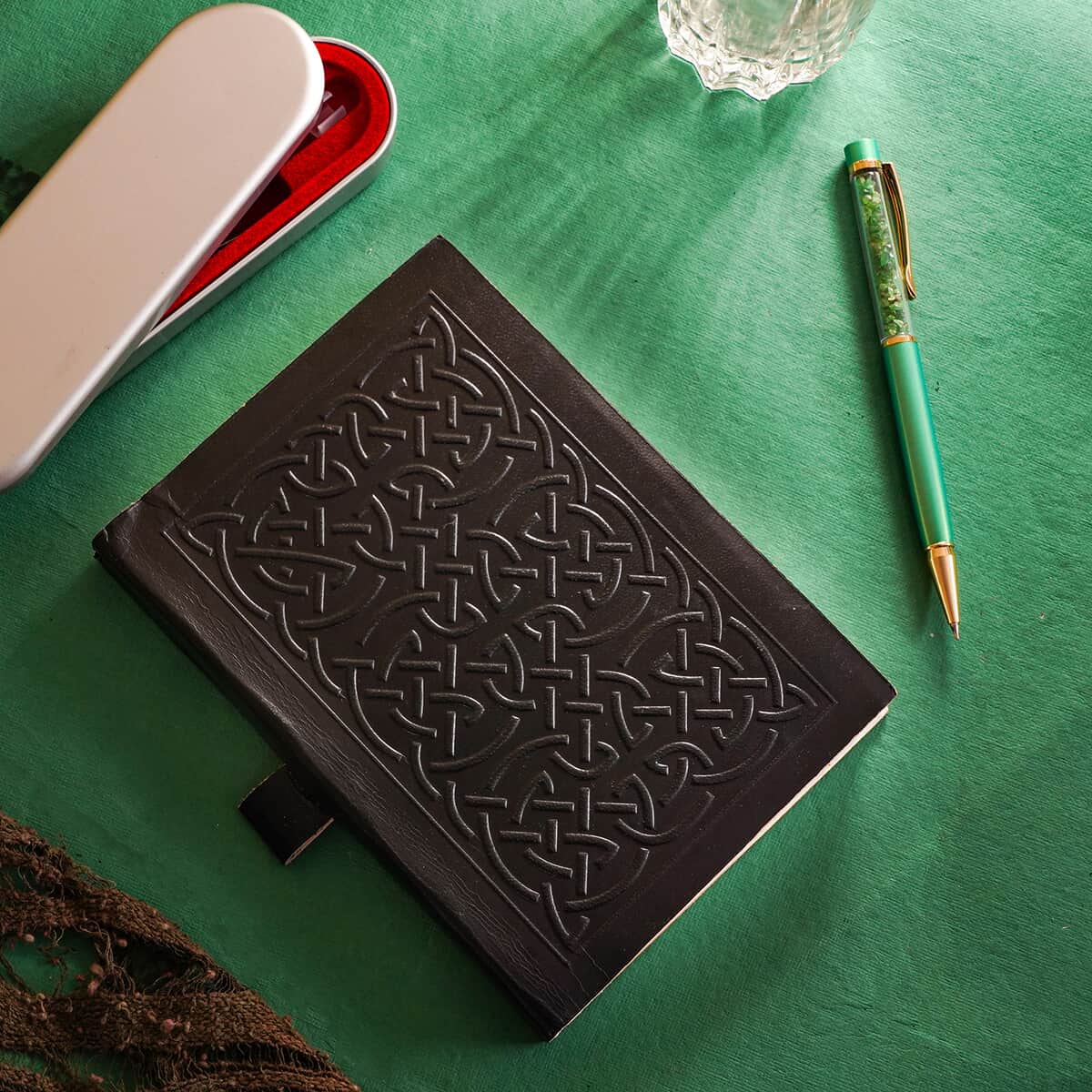 Hand-embossed Genuine Leather Diary with Handmade Papers & Tsavorite Filled Ball Pen with Extra Refill image number 1