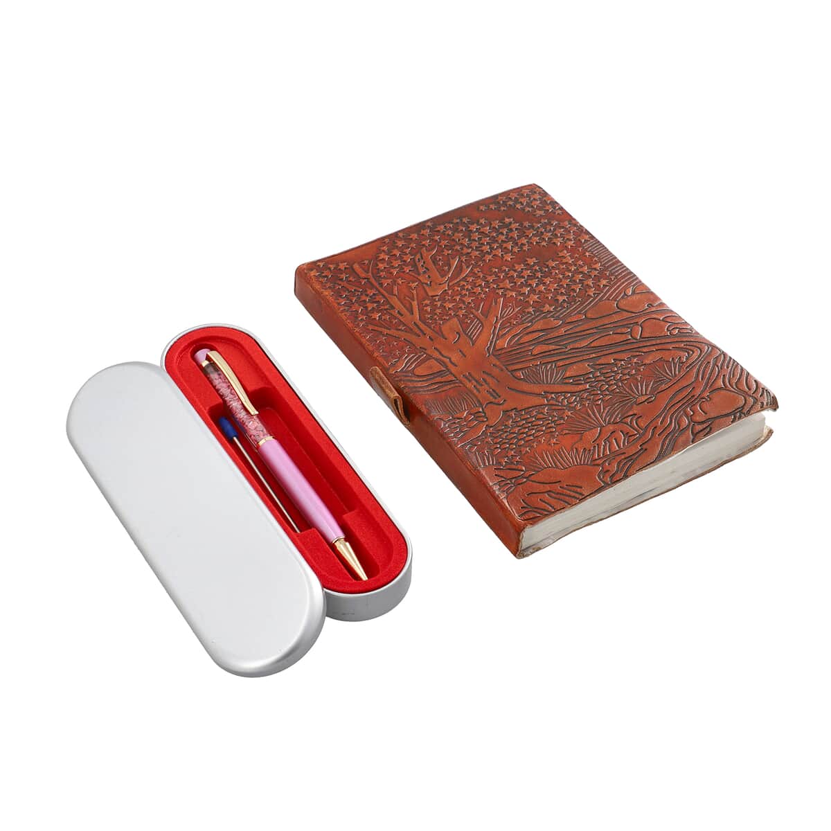 Hand-embossed Tree of life Genuine Leather Diary with Handmade Papers & Thulite filled Ball Pen with Extra Refill image number 0