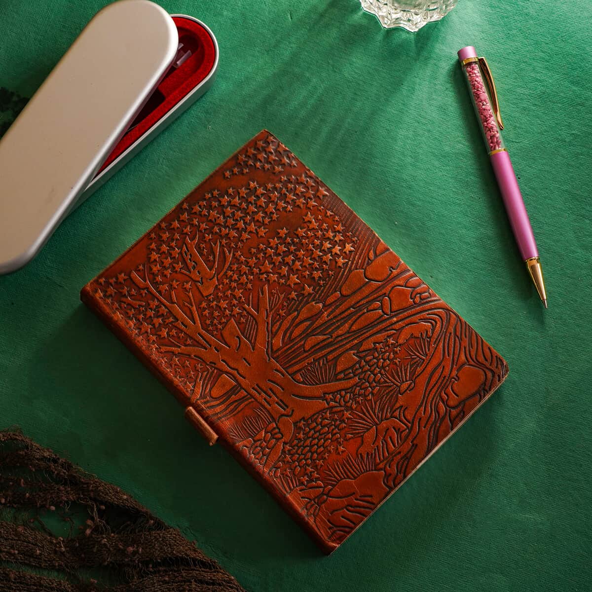 Hand-embossed Tree of life Genuine Leather Diary with Handmade Papers & Thulite filled Ball Pen with Extra Refill image number 1