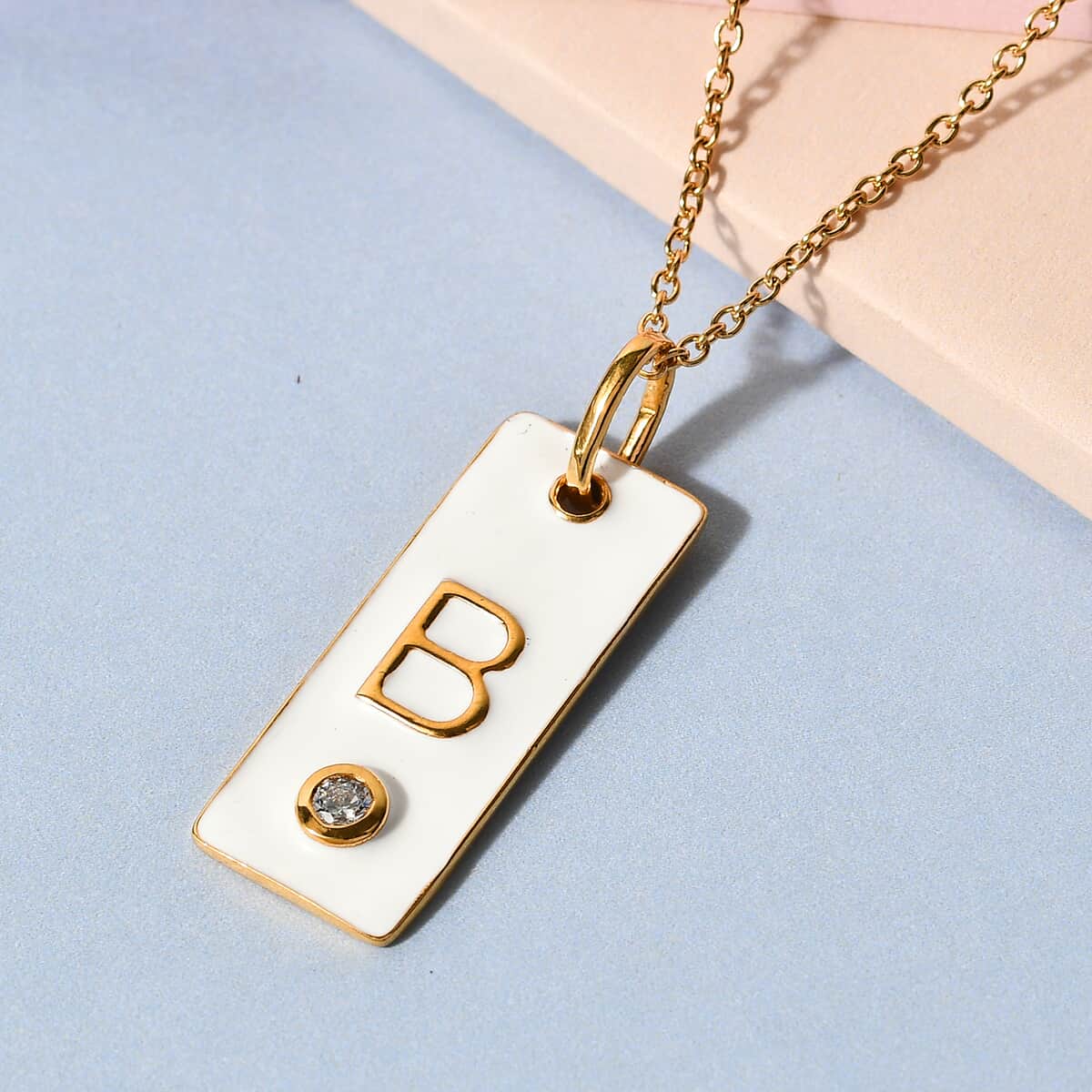 Lolos Exclusive Pick's KARIS Simulated Diamond Initial B Pendant Necklace 20 Inches in 18K YG Plated and ION Plated Yellow Gold Stainless Steel image number 1
