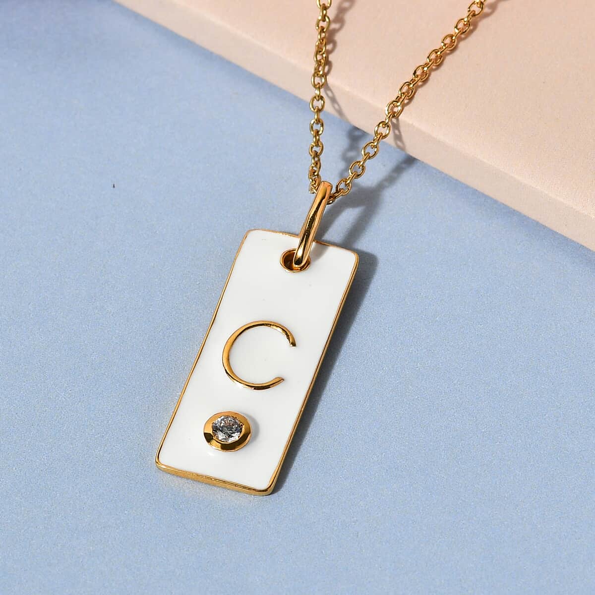 Lolos Exclusive Pick's KARIS Simulated Diamond Initial C Pendant Necklace 20 Inches in 18K YG Plated and ION Plated Yellow Gold Stainless Steel image number 1