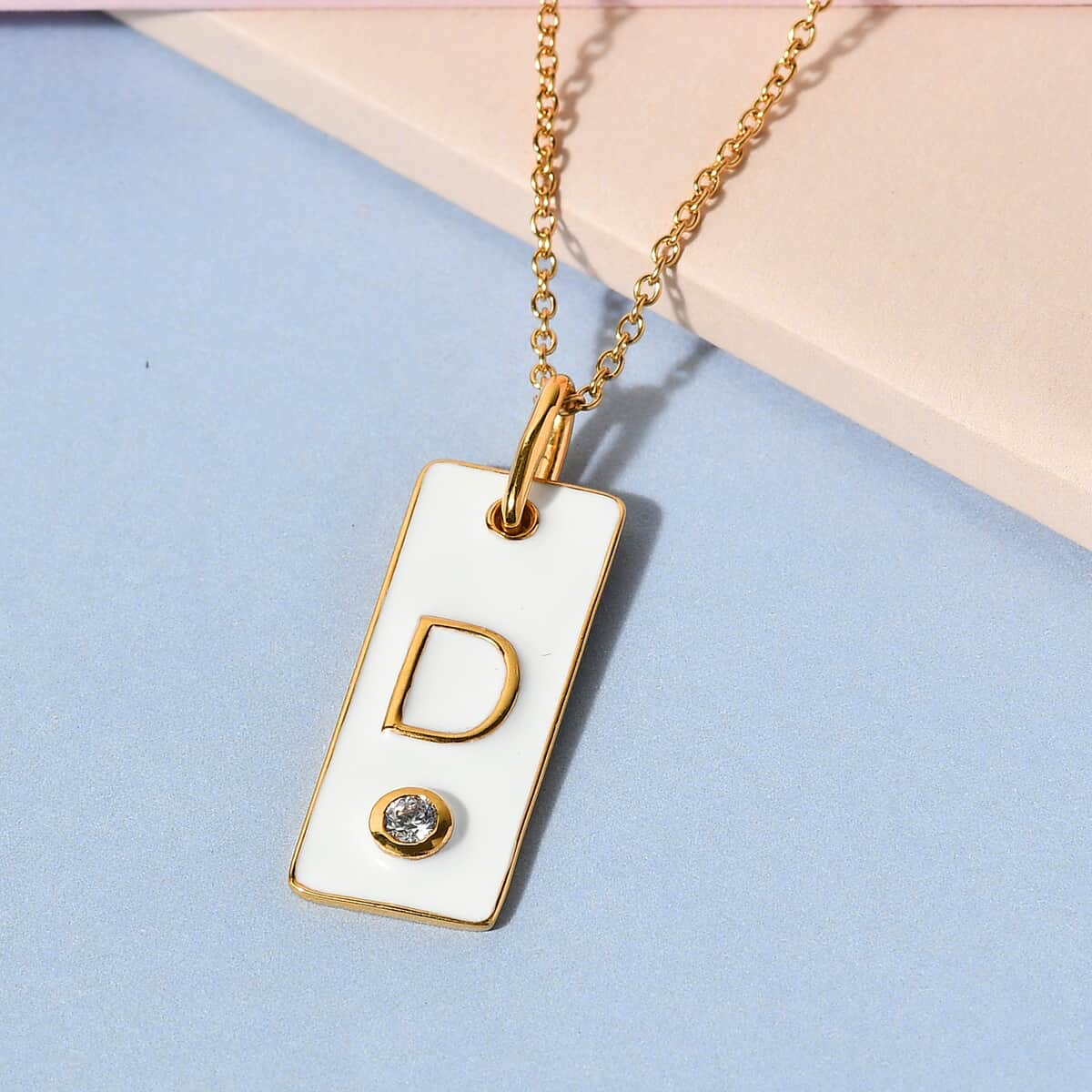 Lolos Exclusive Pick's KARIS Simulated Diamond Initial D Pendant Necklace 20 Inches in 18K YG Plated and ION Plated Yellow Gold Stainless Steel image number 1