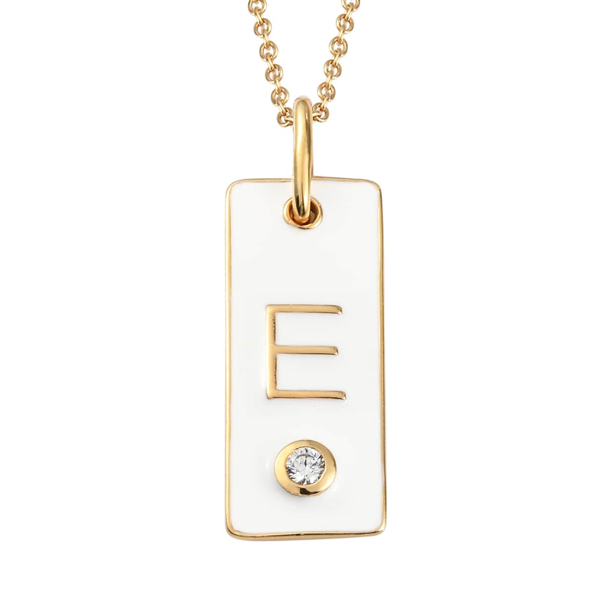 Lolos Exclusive Pick's Karis Simulated Diamond Initial E Pendant Necklace 20 Inches in 18K YG Plated and ION Plated Yellow Gold Stainless Steel image number 0