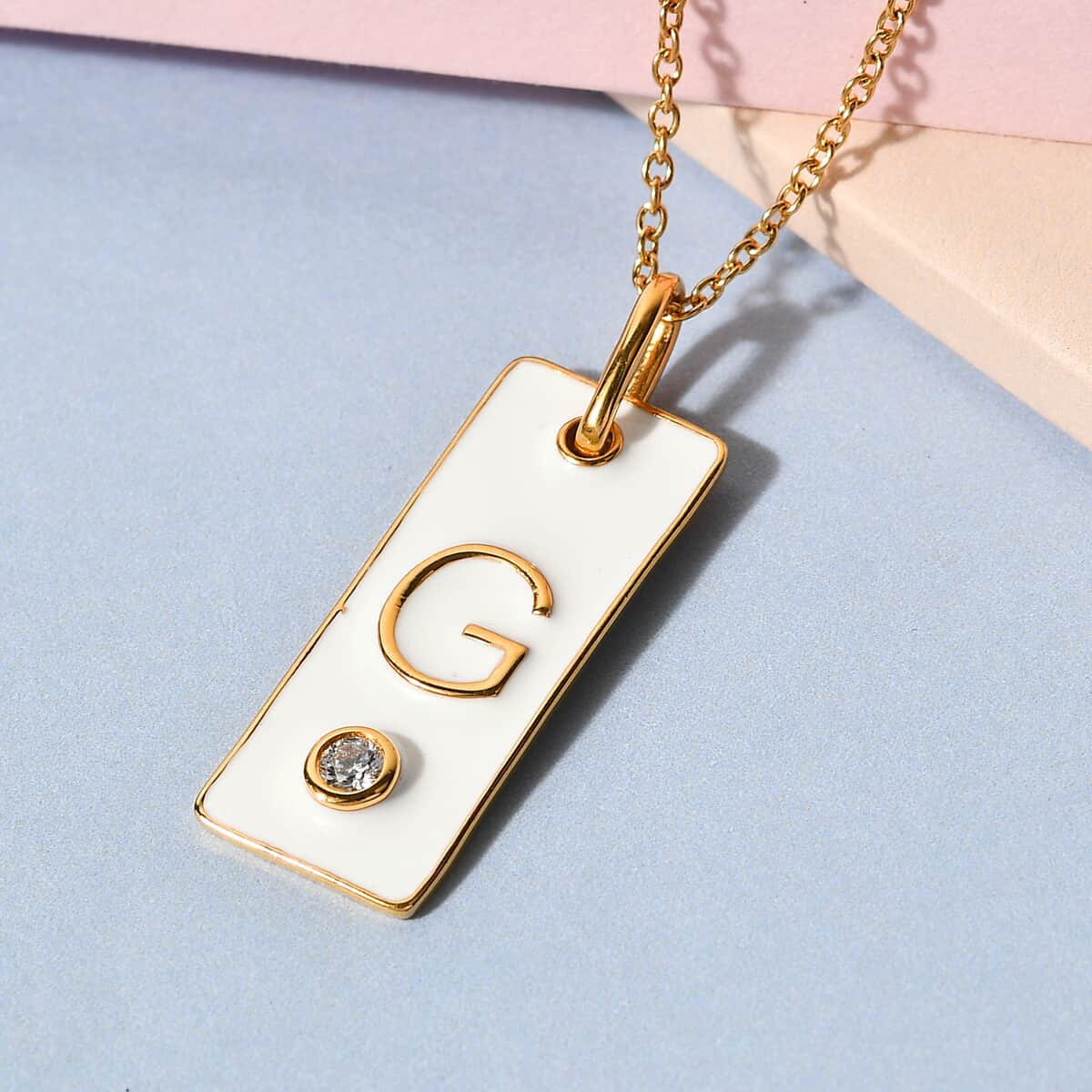 Lolos Exclusive Pick's KARIS Simulated Diamond Initial G Pendant Necklace 20 Inches in 18K YG Plated and ION Plated Yellow Gold Stainless Steel image number 1