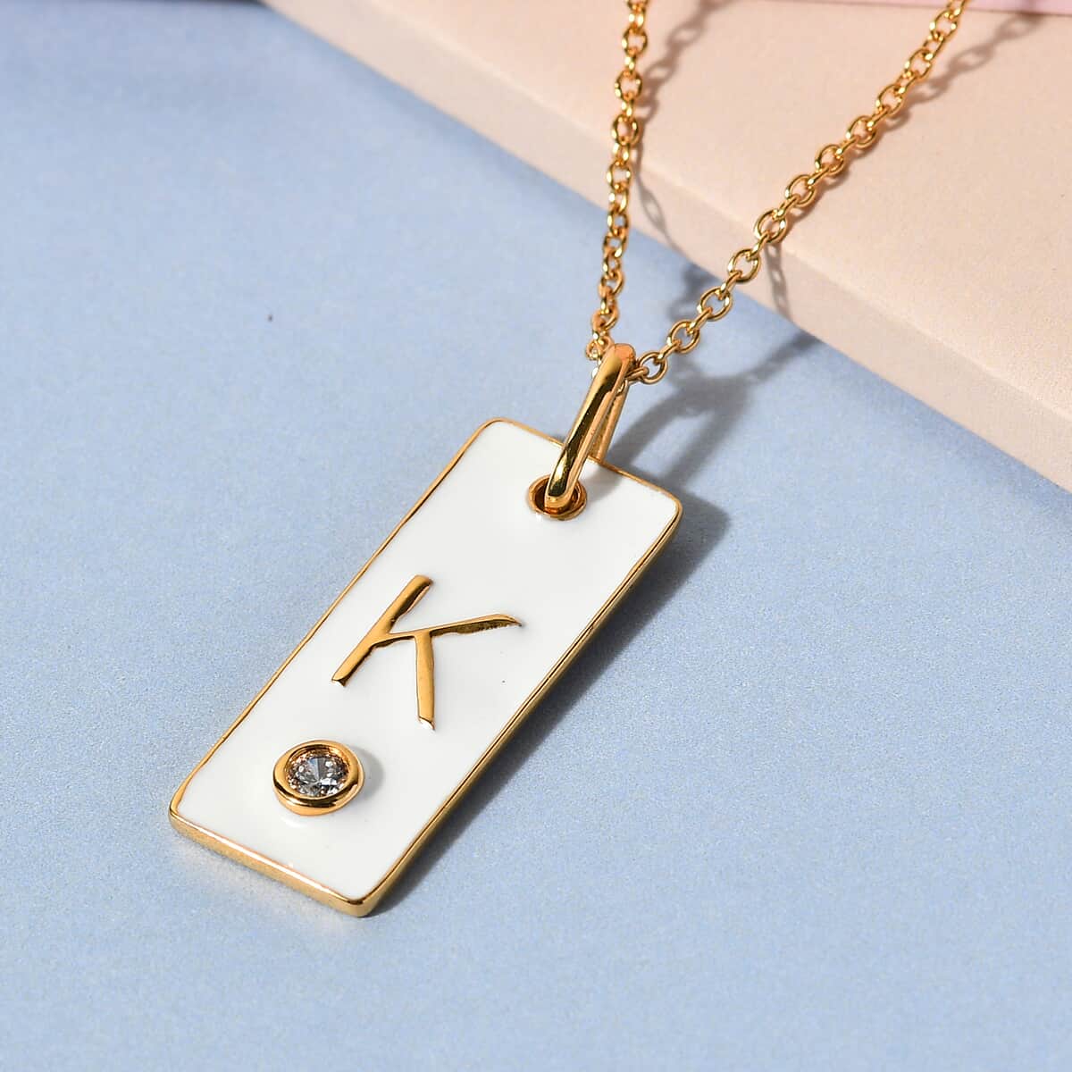 Lolos Exclusive Pick's KARIS Simulated Diamond Initial K Pendant Necklace 20 Inches in 18K YG Plated and ION Plated Yellow Gold Stainless Steel image number 1