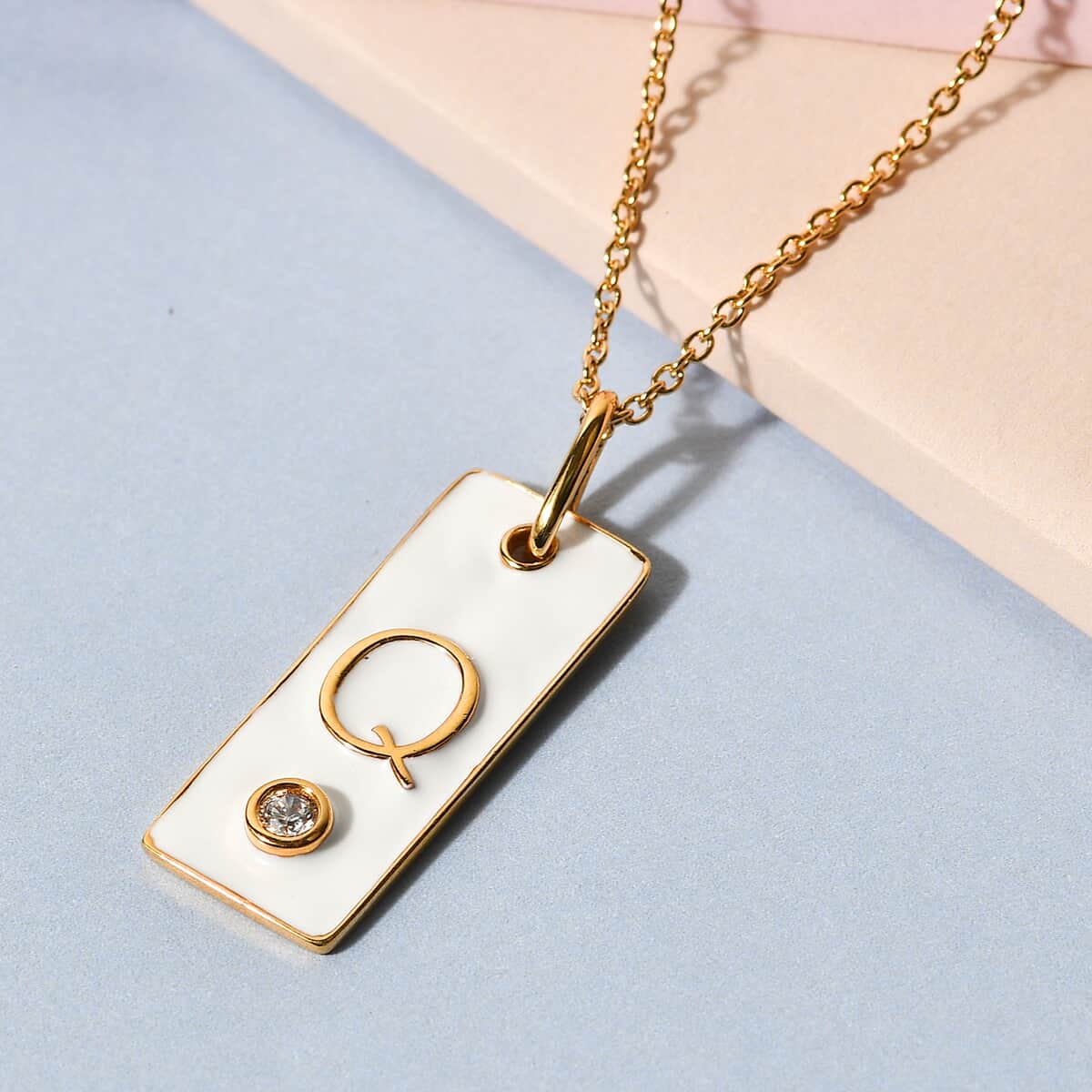 Lolos Exclusive Pick's KARIS Simulated Diamond Initial Q Pendant Necklace 20 Inches in 18K YG Plated and ION Plated Yellow Gold Stainless Steel image number 1