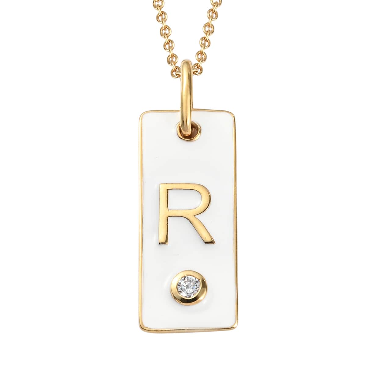 Lolos Exclusive Pick's KARIS Simulated Diamond Initial R Pendant Necklace 20 Inches in 18K YG Plated and ION Plated Yellow Gold Stainless Steel image number 0