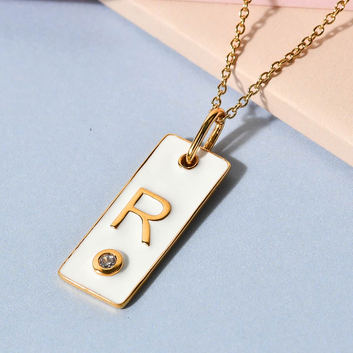 Lolos Exclusive Pick's KARIS Simulated Diamond Initial R Pendant Necklace 20 Inches in 18K YG Plated and ION Plated Yellow Gold Stainless Steel image number 1