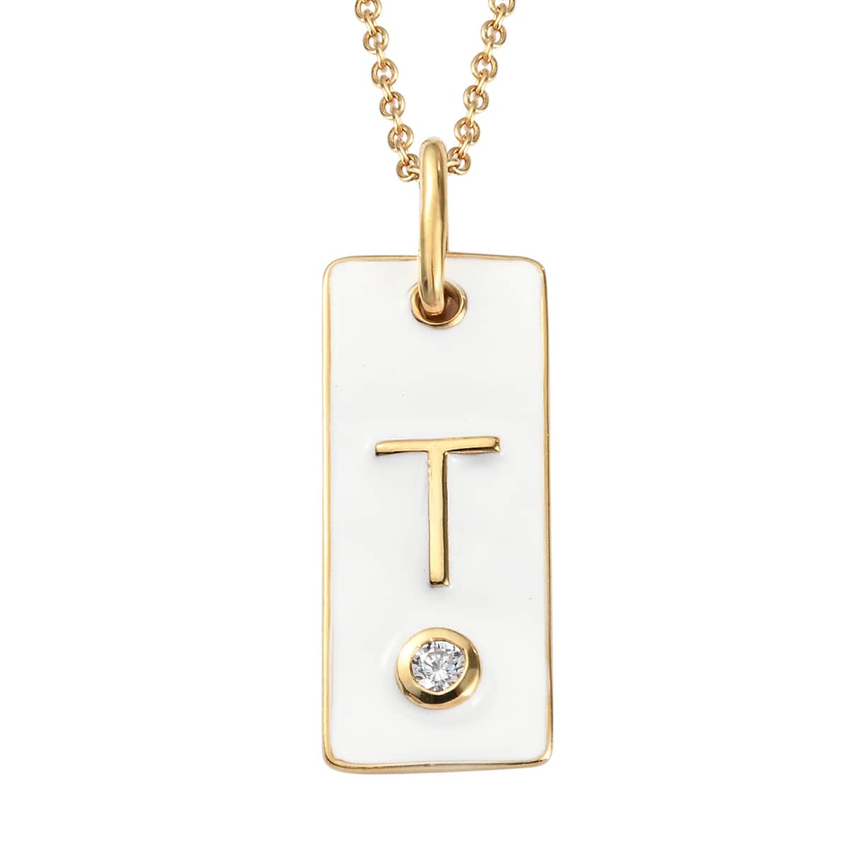 Lolos Exclusive Pick's KARIS Simulated Diamond Initial T Pendant Necklace 20 Inches in 18K YG Plated and ION Plated Yellow Gold Stainless Steel image number 0