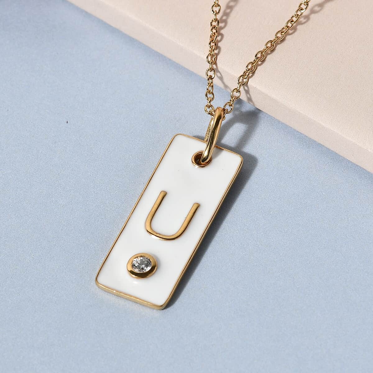 Lolos Exclusive Pick's KARIS Simulated Diamond Initial U Pendant Necklace 20 Inches in 18K YG Plated and ION Plated Yellow Gold Stainless Steel image number 1