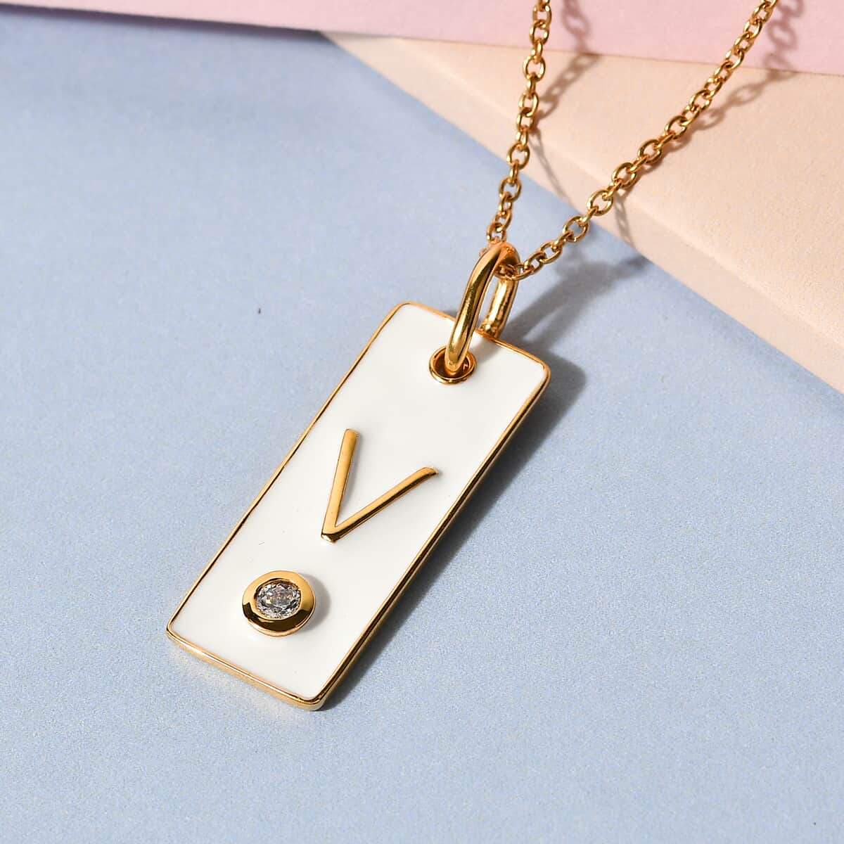 Lolos Exclusive Pick's KARIS Simulated Diamond Initial V Pendant Necklace 20 Inches in 18K YG Plated and ION Plated Yellow Gold Stainless Steel image number 1
