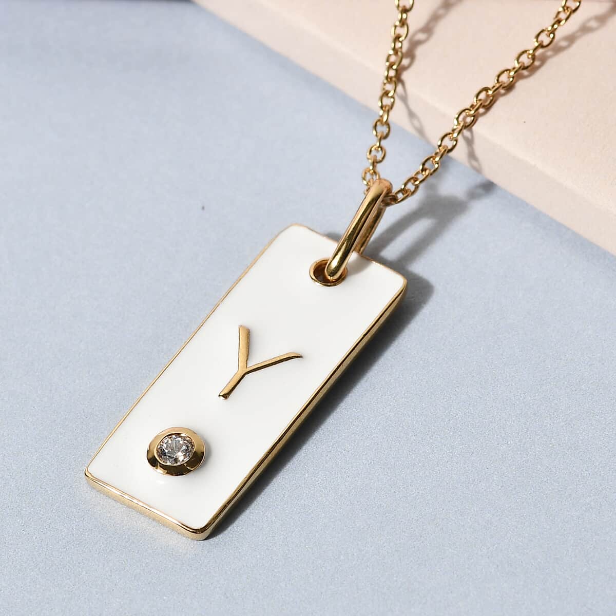 Lolos Exclusive Pick's KARIS Simulated Diamond Initial Y Pendant Necklace 20 Inches in 18K YG Plated and ION Plated Yellow Gold Stainless Steel image number 1
