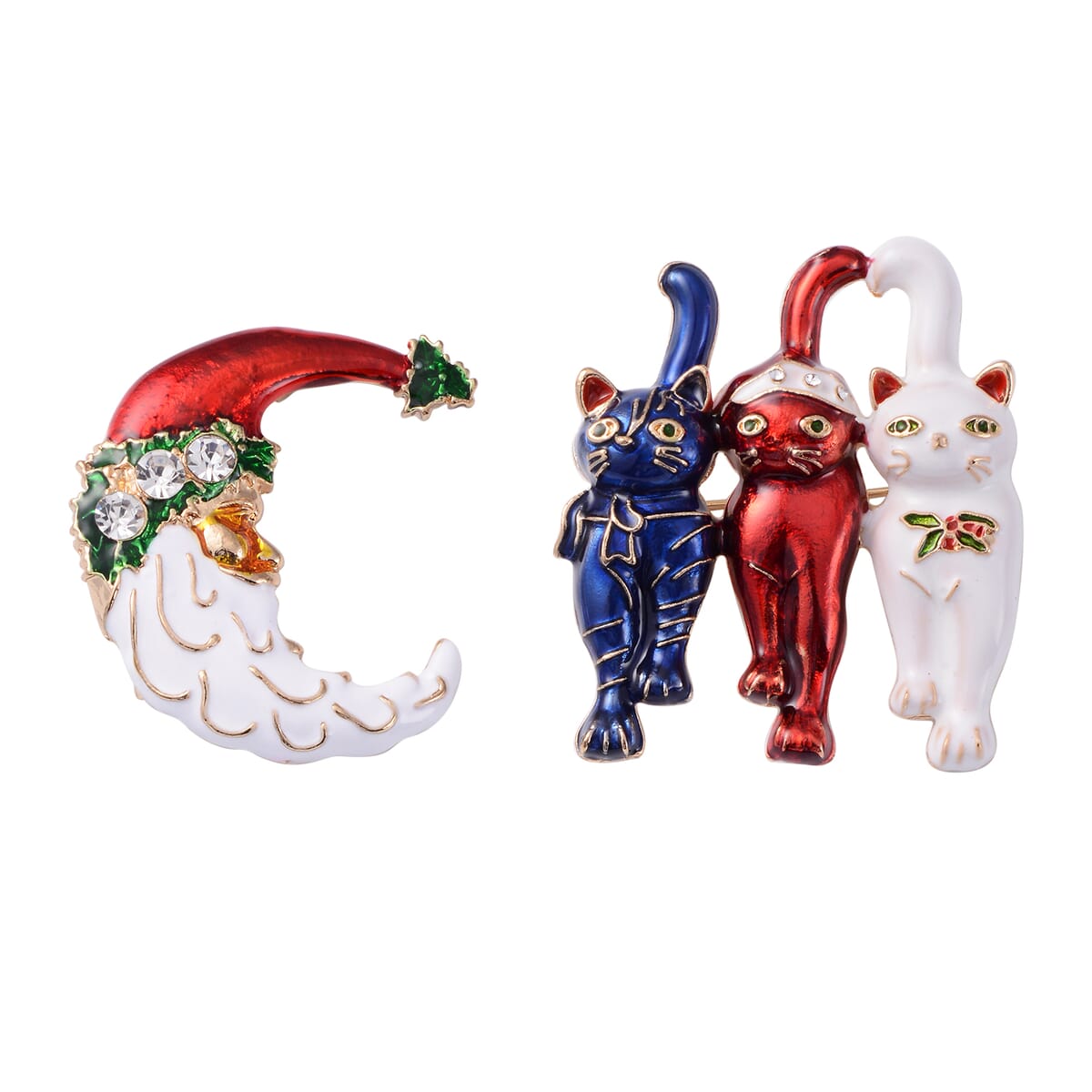 Set of 2 Austrian Crystal Enameled Santa Moon and Cats Brooches or Pendants in Goldtone 1.10 ctw image number 0