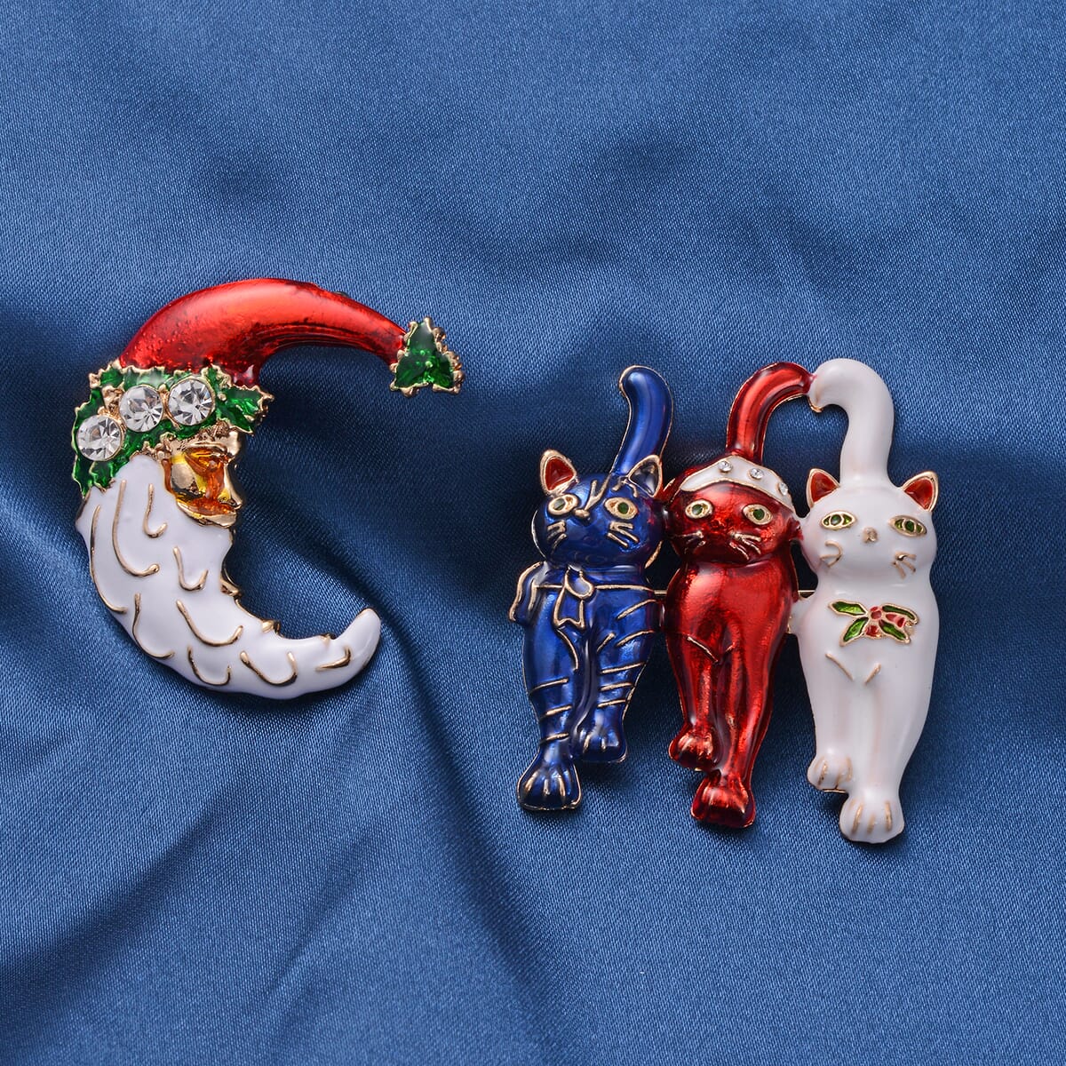 Set of 2 Austrian Crystal Enameled Santa Moon and Cats Brooches or Pendants in Goldtone 1.10 ctw image number 1