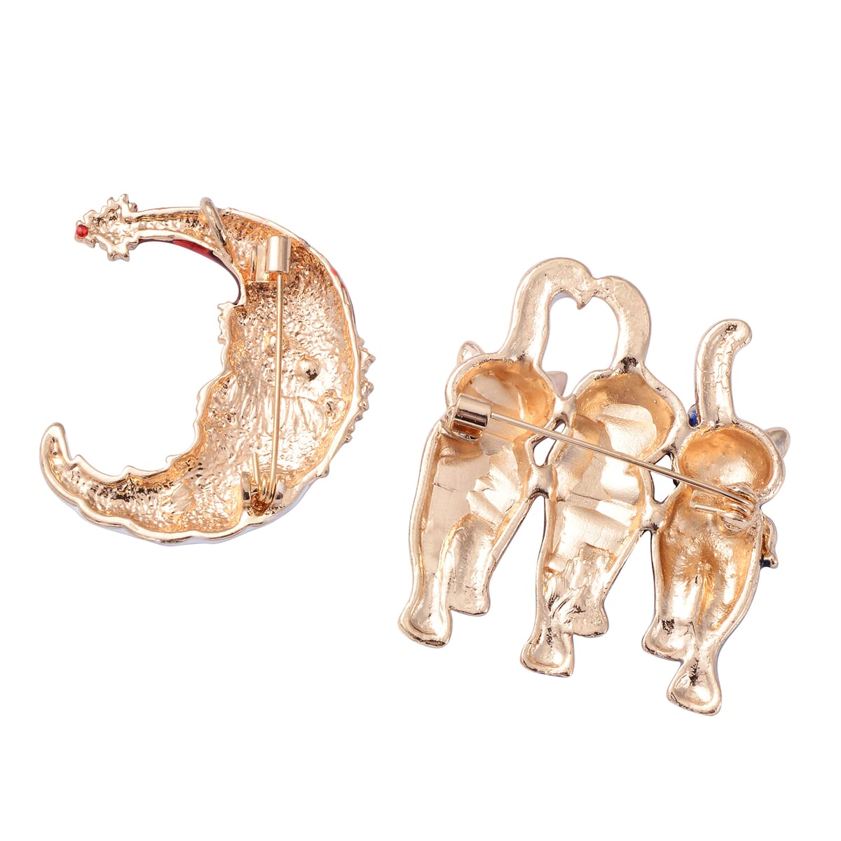 Set of 2 Austrian Crystal Enameled Santa Moon and Cats Brooches or Pendants in Goldtone 1.10 ctw image number 2