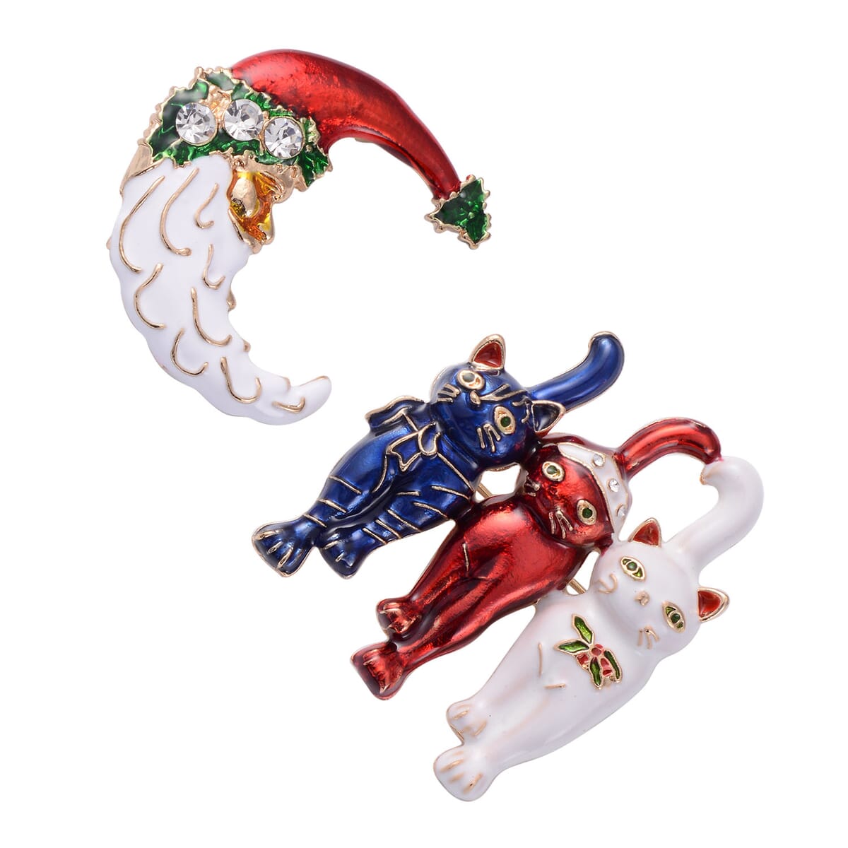 Set of 2 Austrian Crystal Enameled Santa Moon and Cats Brooches or Pendants in Goldtone 1.10 ctw image number 3