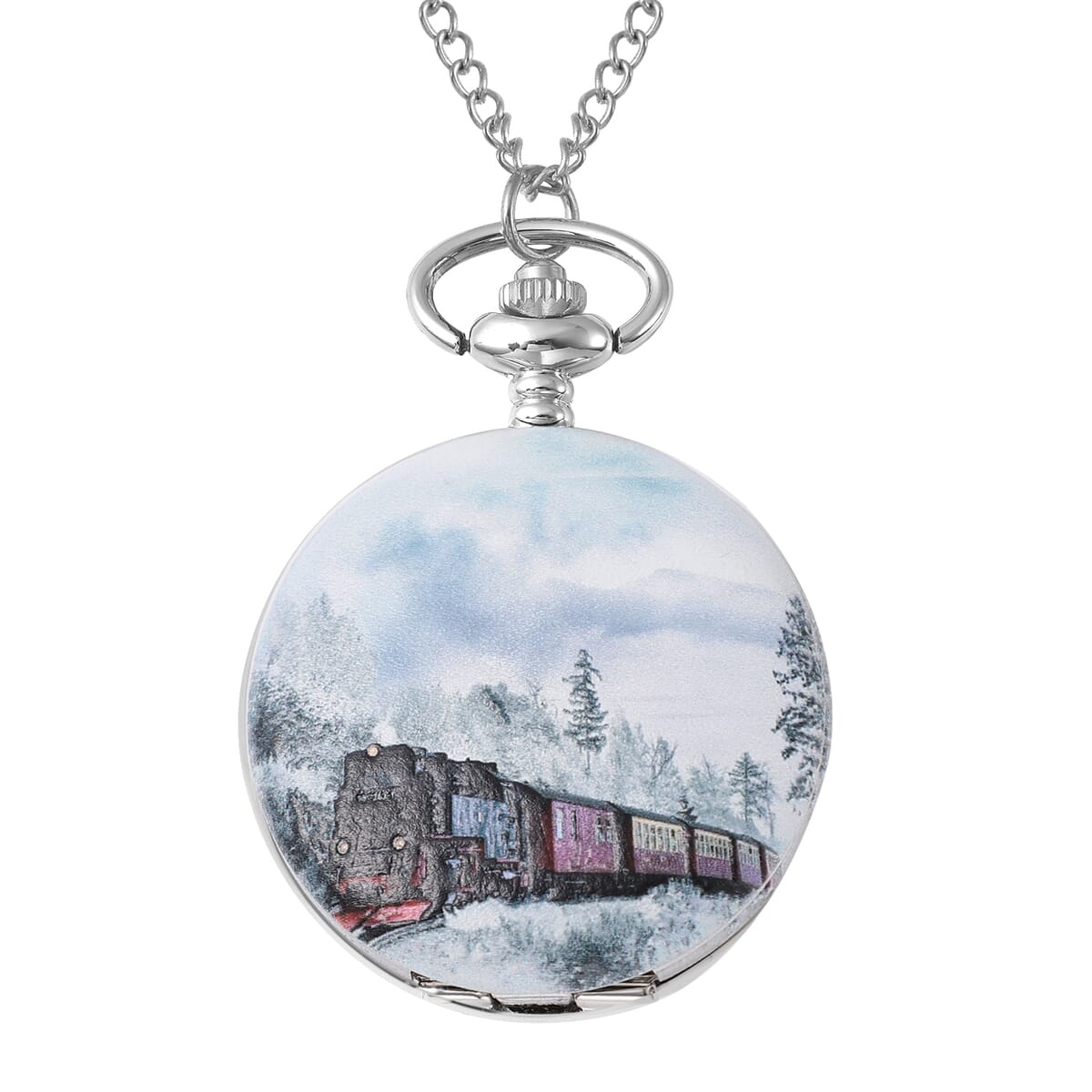 STRADA Japanese Movement 3D Winter The Train Pattern Pocket Watch with Chain (31 Inches) image number 0