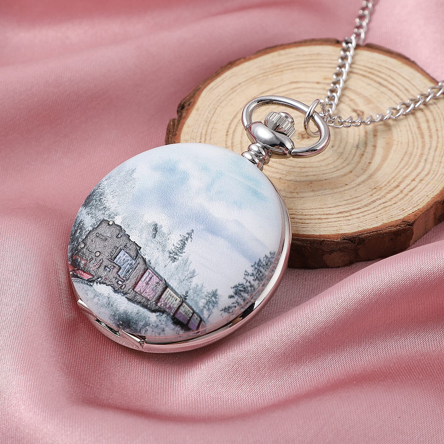 Strada Japanese Movement 3D Winter The Train Pattern Pocket Watch with Chain (31 Inches)