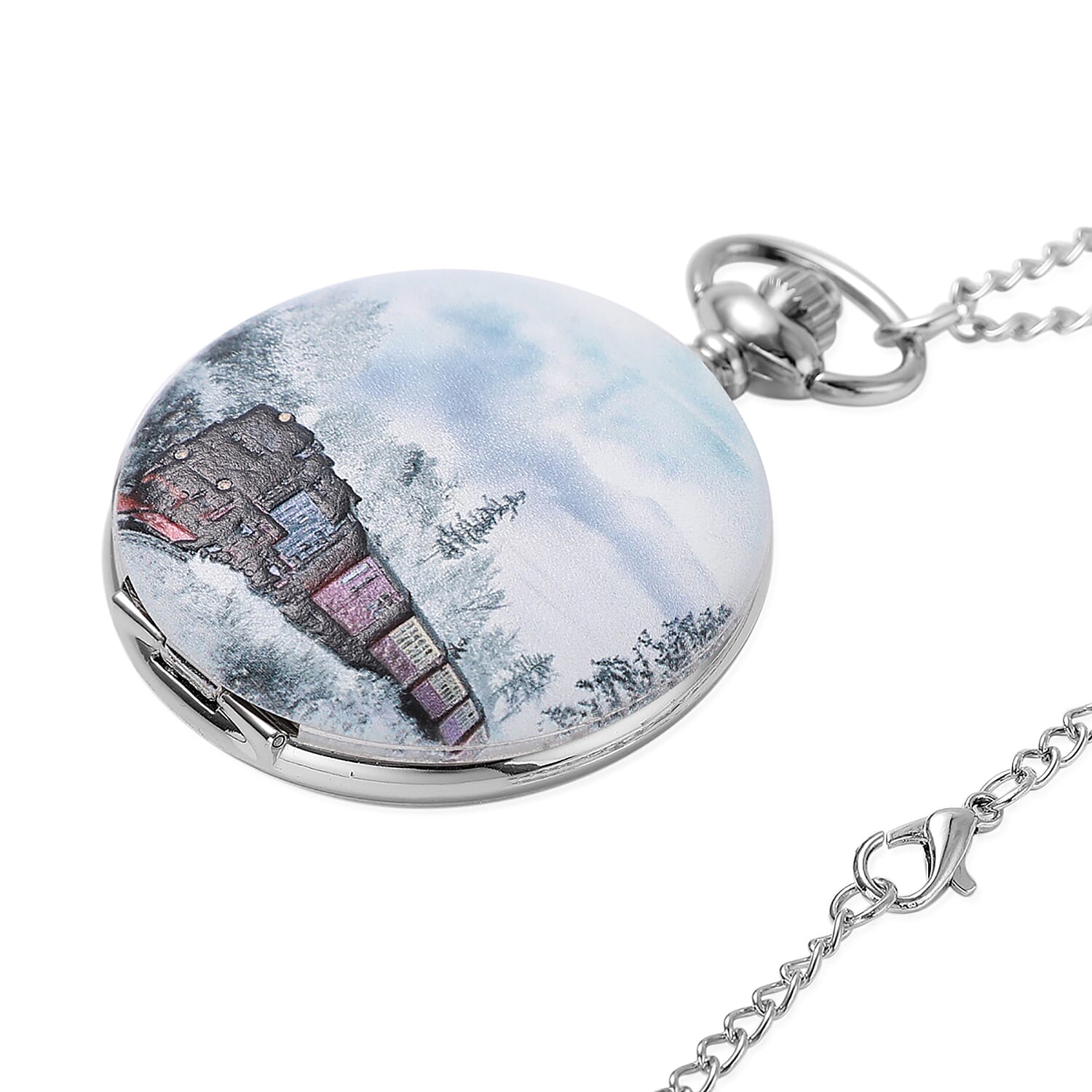 Strada Japanese Movement 3D Winter The Train Pattern Pocket Watch with Chain (31 Inches)