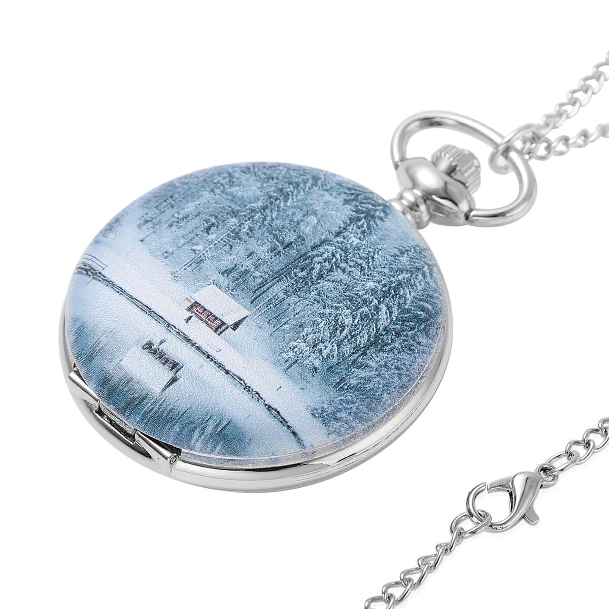 Strada Japanese Movement 3D Winter The Cabin Pattern Pocket Watch with Chain (31 Inches) image number 2