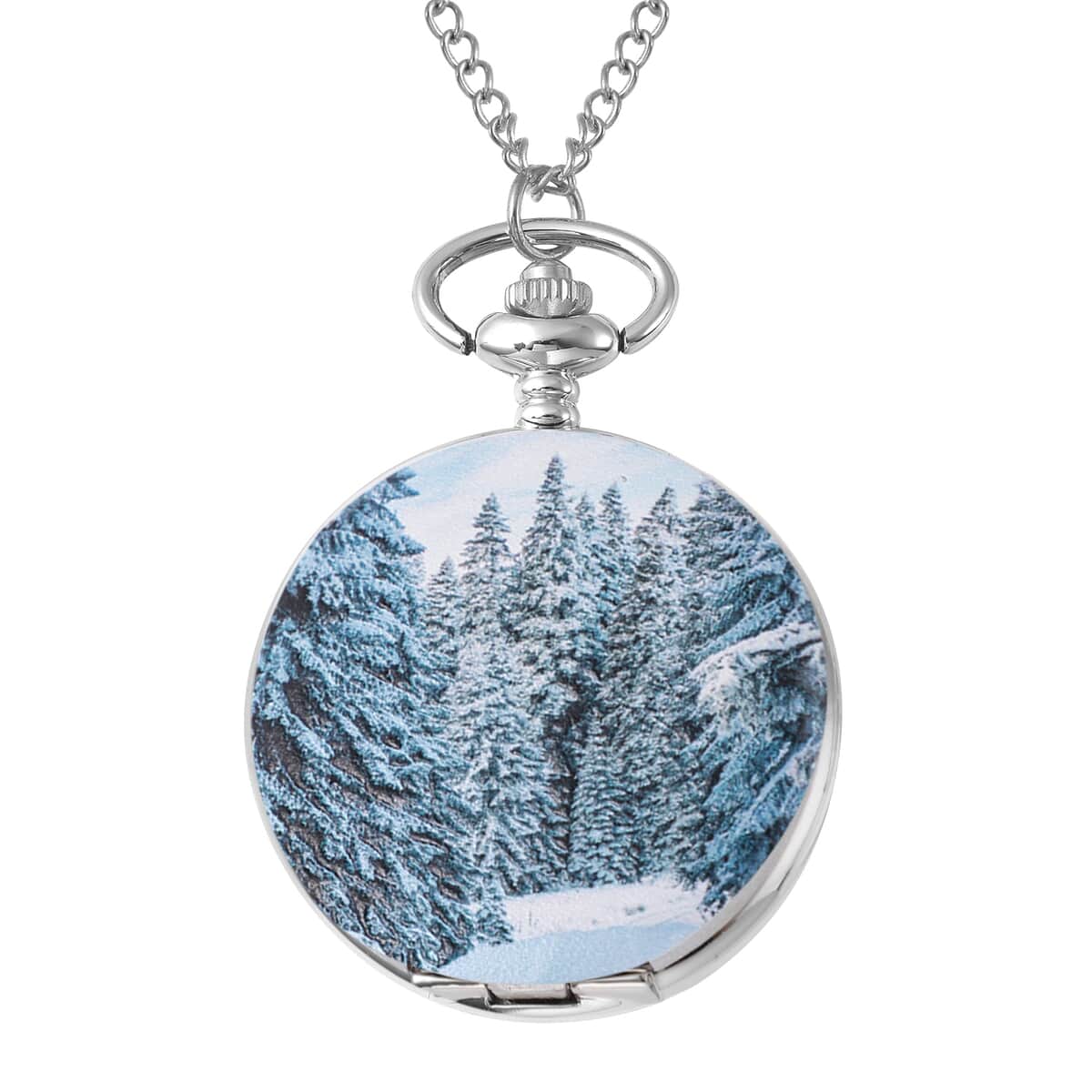 Strada Japanese Movement 3D Winter Snow Woods Pattern Pocket Watch with Chain (31 Inches) image number 0