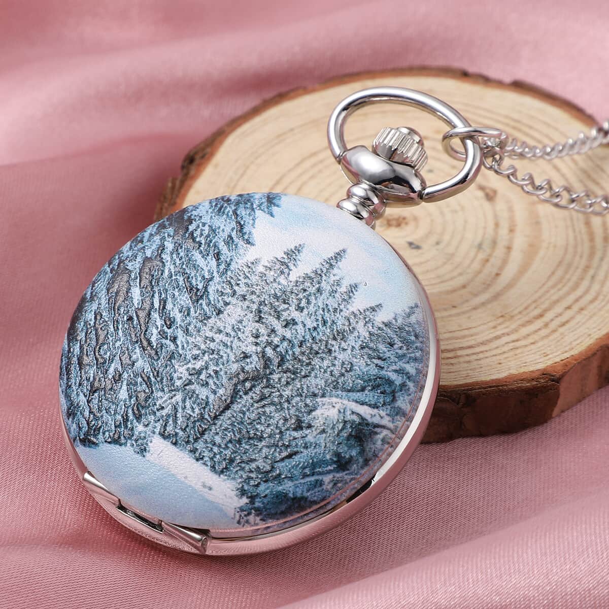 Strada Japanese Movement 3D Winter Snow Woods Pattern Pocket Watch with Chain (31 Inches) image number 1