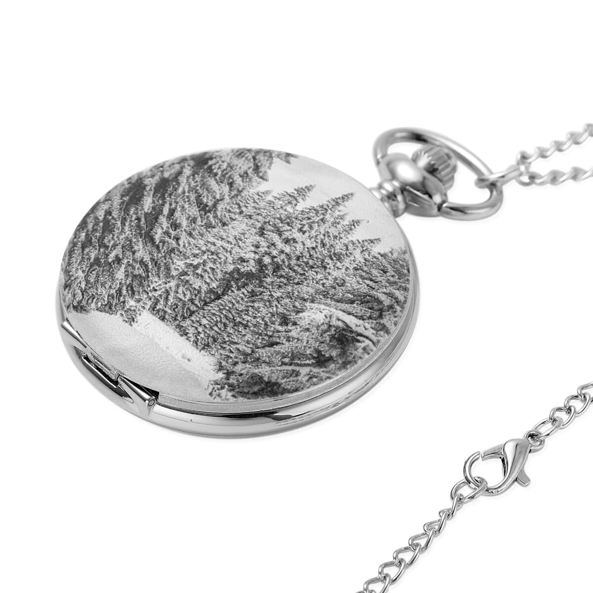 Strada Japanese Movement 3D Winter Snow Woods Pattern Pocket Watch with Chain (31 Inches) image number 2