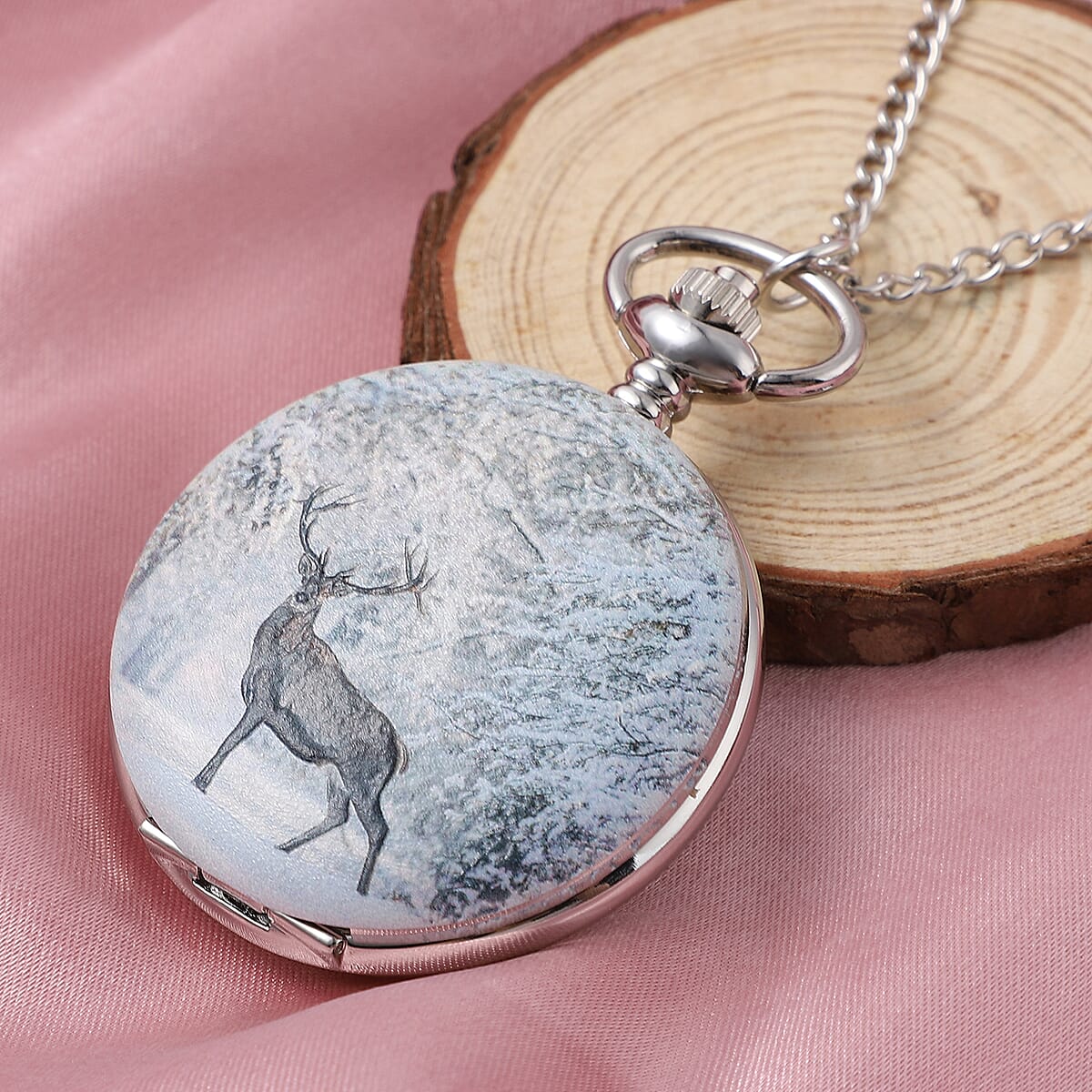 Strada Japanese Movement 3D Winter The Deer Pattern Pocket Watch with Chain (31 Inches) image number 1