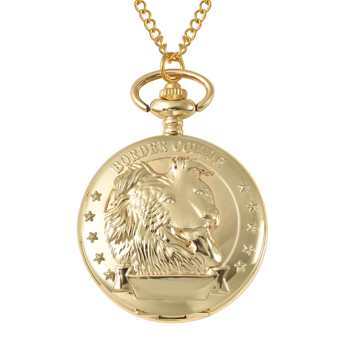 STRADA Japanese Movement Border Collie Pattern Pocket Watch with Goldtone Chain 31 Inches image number 0