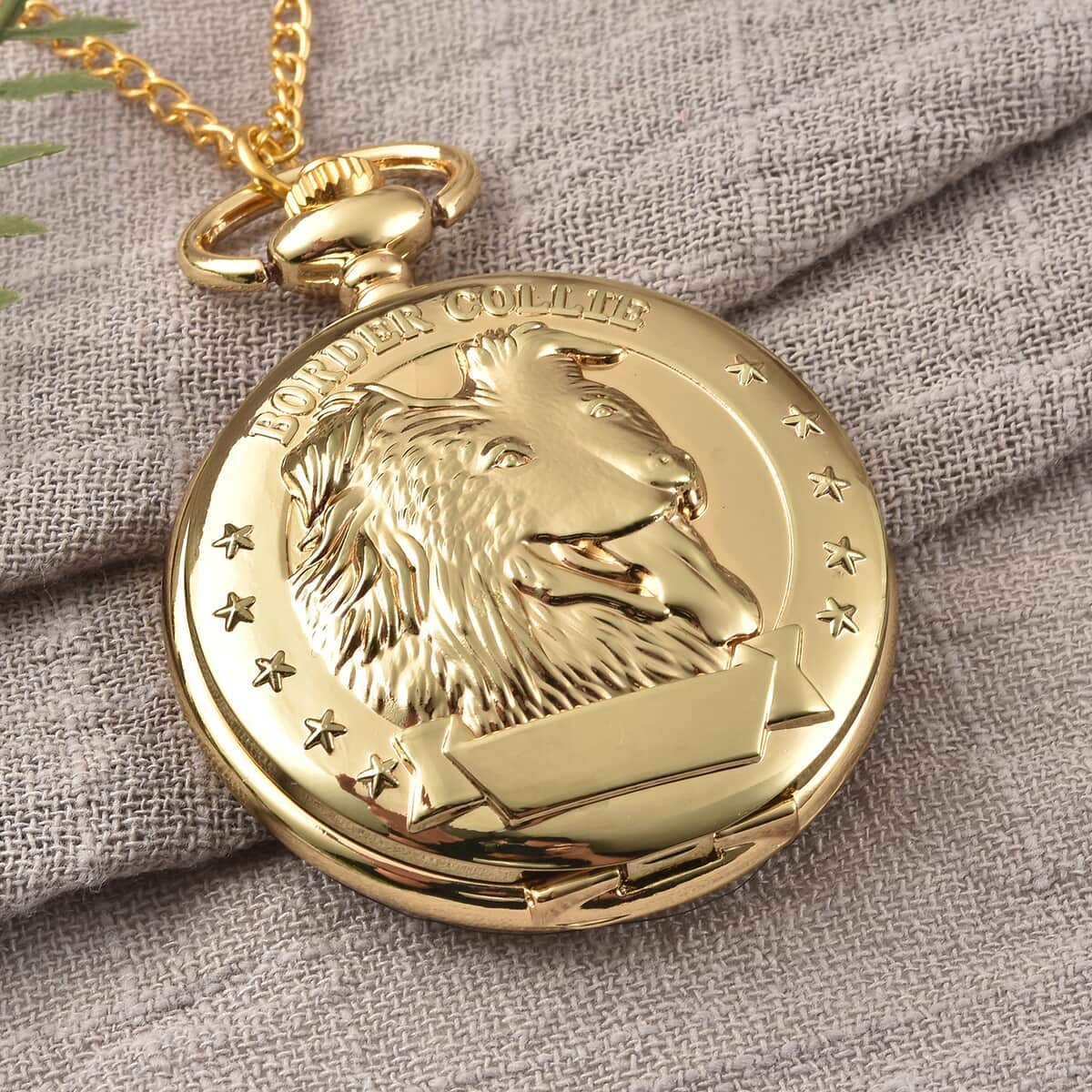 STRADA Japanese Movement Border Collie Pattern Pocket Watch with Goldtone Chain 31 Inches image number 1