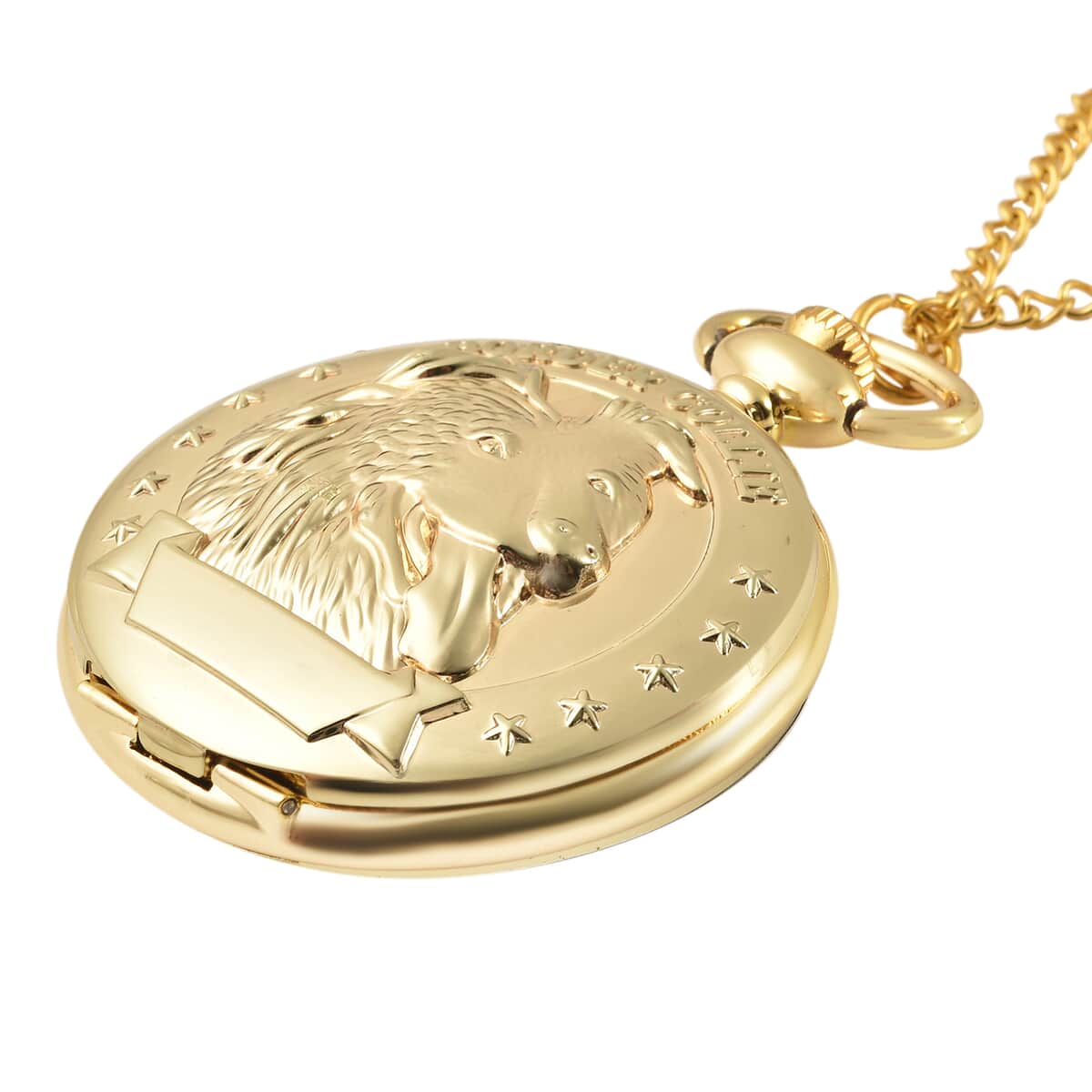 STRADA Japanese Movement Border Collie Pattern Pocket Watch with Goldtone Chain 31 Inches image number 2