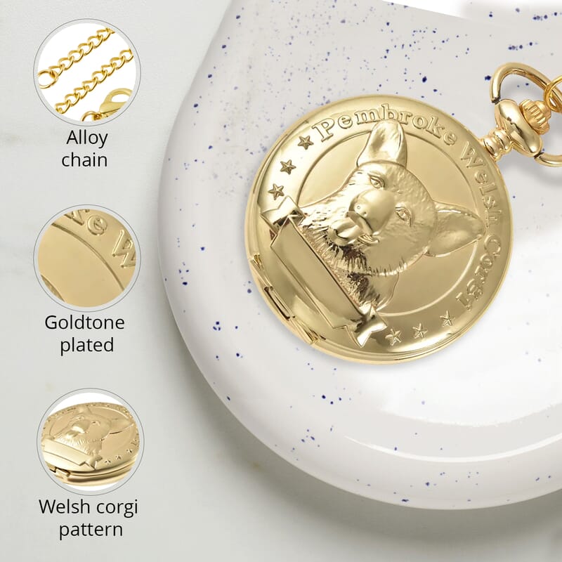 Strada Japanese Movement Corgi Pocket Watch in Goldtone with Chain 31 Inches