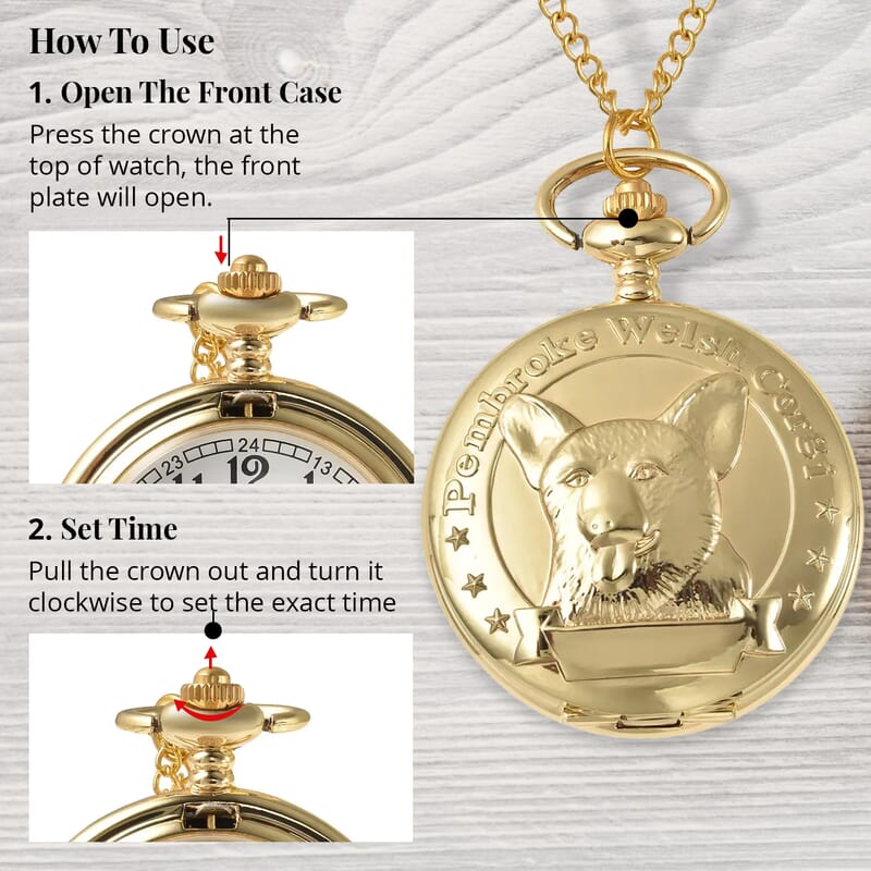 Strada Japanese Movement Corgi Pocket Watch in Goldtone with Chain 31 Inches