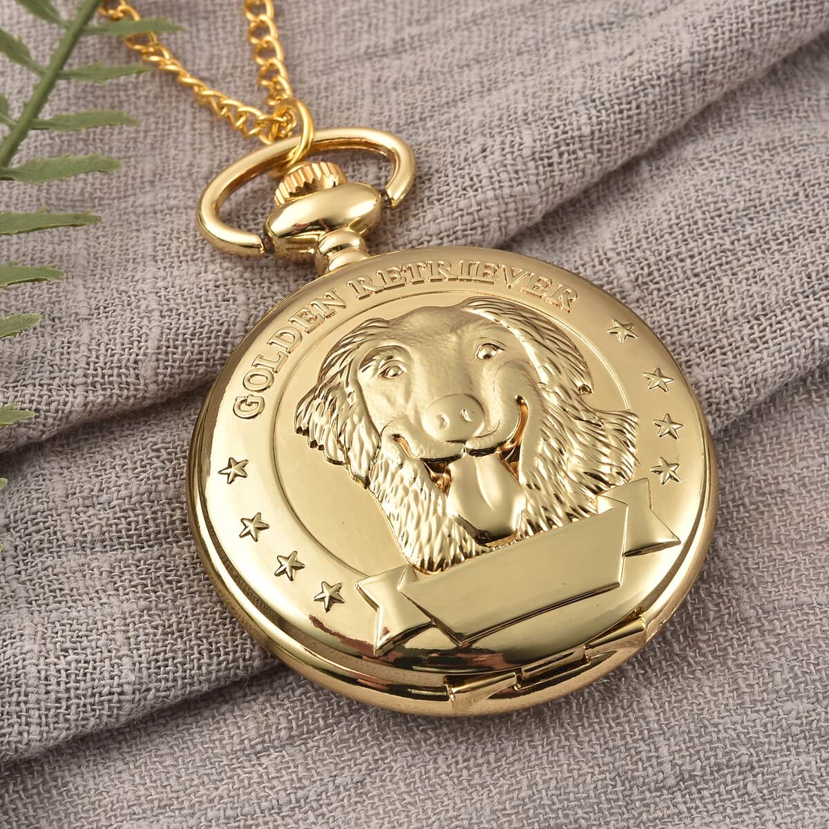 Strada Japanese Movement Golden Retriever Pocket Watch in Goldtone with Chain (31 Inches) image number 1