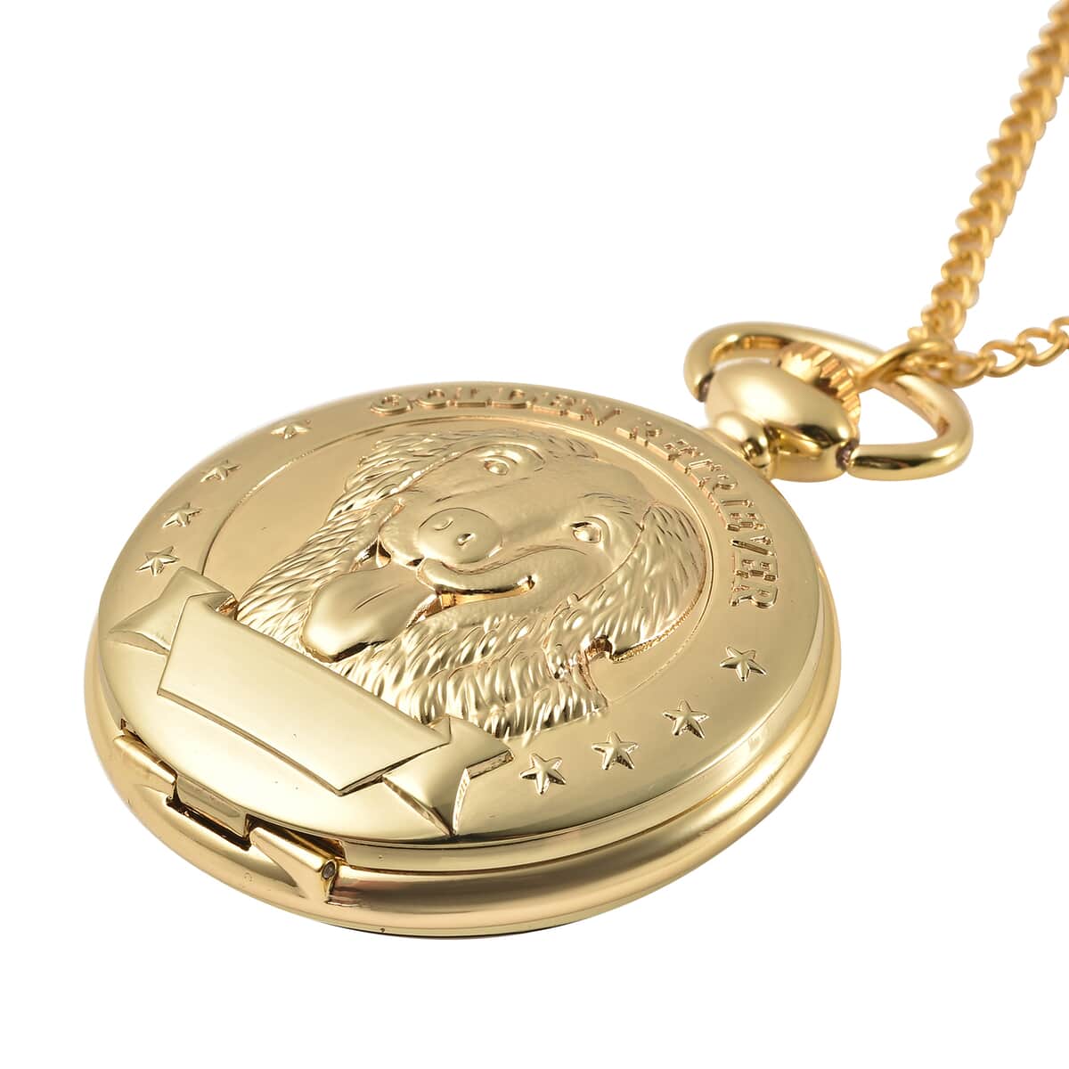 Strada Japanese Movement Golden Retriever Pocket Watch in Goldtone with Chain (31 Inches) image number 2