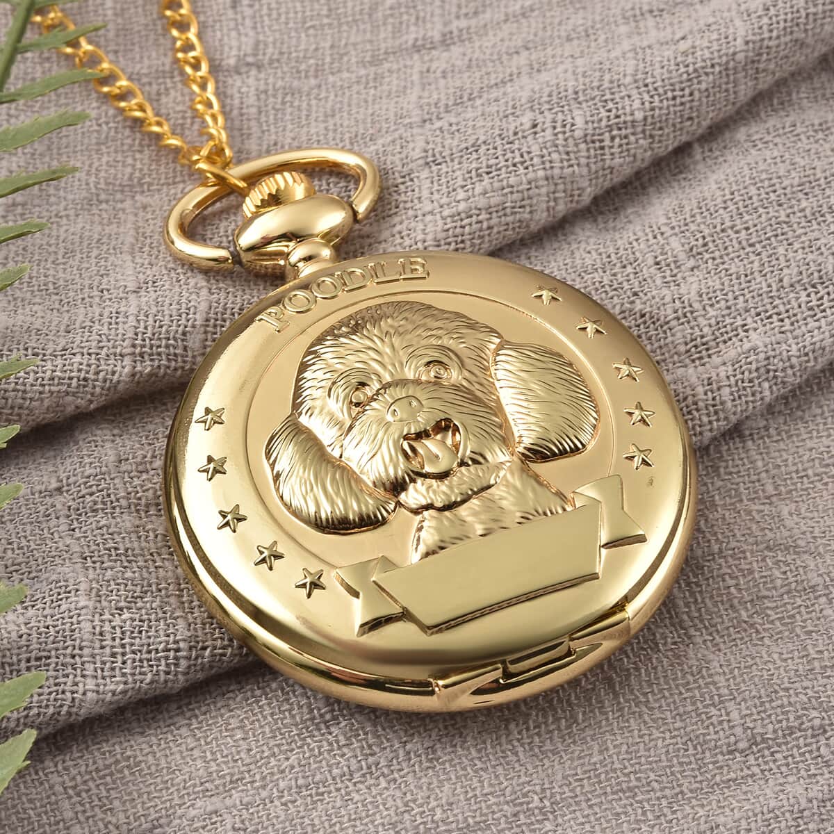Strada Japanese Movement Poodle Pocket Watch in Goldtone with Chain (31 Inches) image number 1