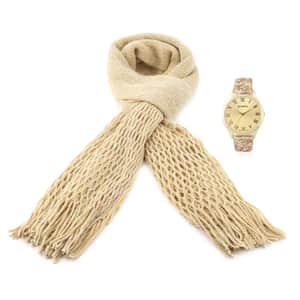 Strada Japanese Movement Watch with Golden Sequin Faux Leather Strap and Golden Solid Acrylic Scarf