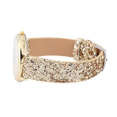 Strada Japanese Movement Watch with Golden Sequin Faux Leather Strap and Golden Solid Acrylic Scarf