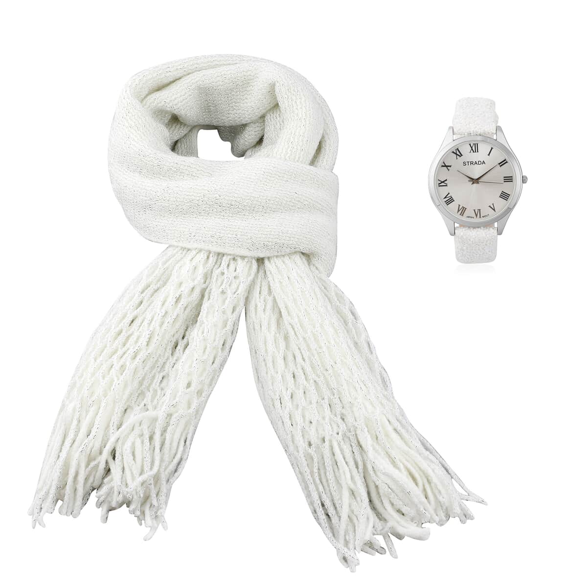 Strada Japanese Movement Watch with White Sequin Faux Leather Strap and White Solid Acrylic Scarf image number 0