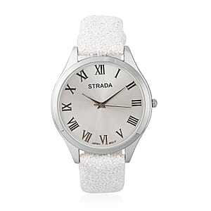Strada Japanese Movement Watch with White Sequin Faux Leather Strap and White Solid Acrylic Scarf