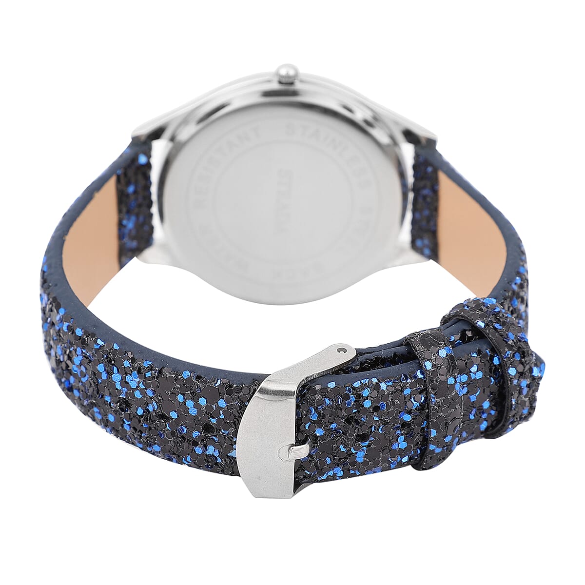 Strada Japanese Movement Watch with Dark Blue Sequin Faux Leather Strap and Navy Blue Solid Acrylic Scarf image number 3
