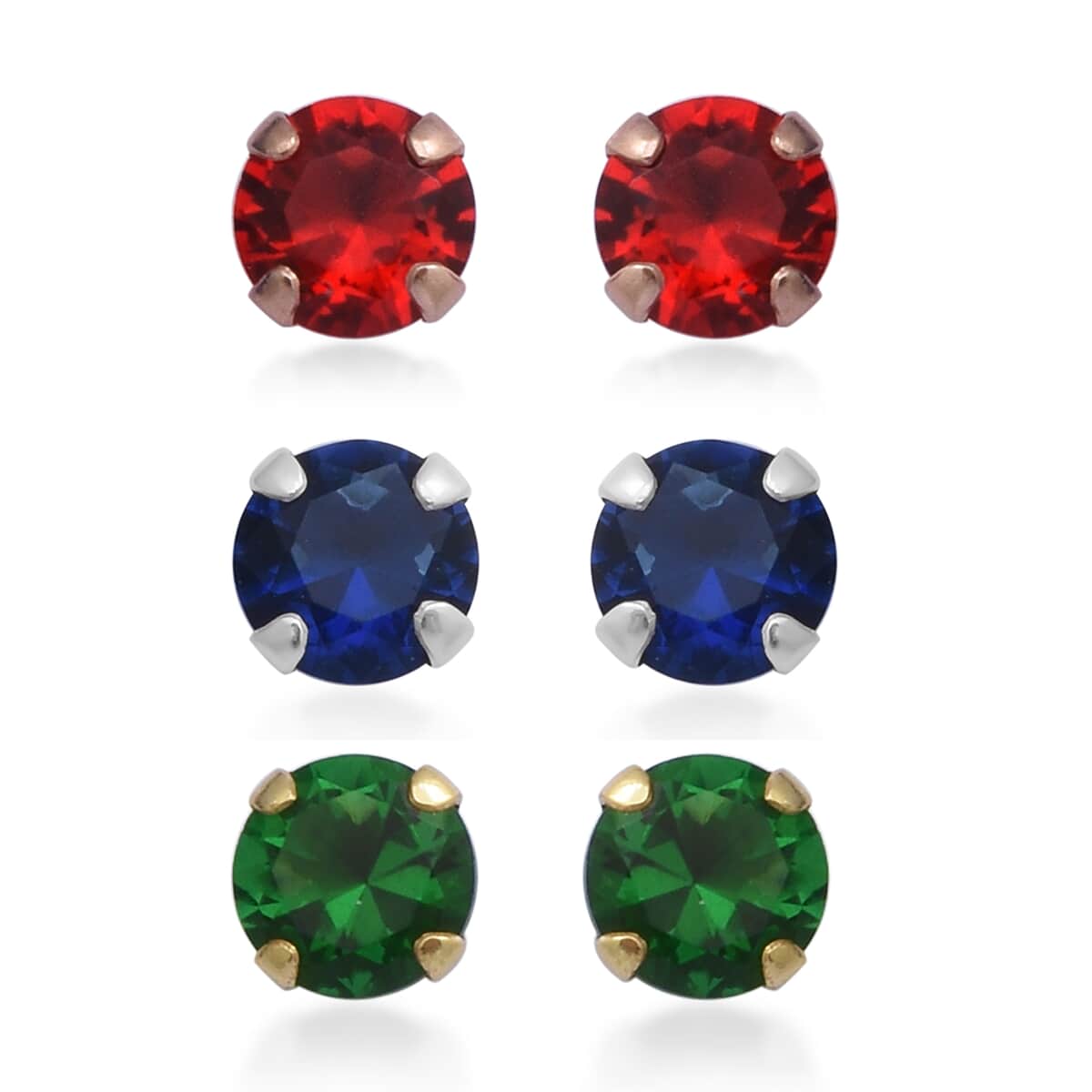 Set of 3 Simulated Ruby, Tanzanite and Emerald Diamond Stud Earrings in 14K Yellow and Rose Gold Over Sterling Silver 5.50 ctw image number 0