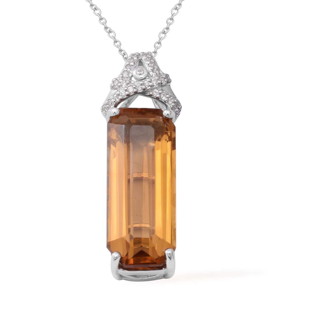 Strap Cut Brazilian Citrine and White Zircon Pendant Necklace 18 Inches in Platinum Over Sterling Silver 14.90 ctw image number 0