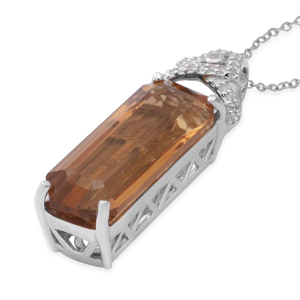 Strap Cut Brazilian Citrine and White Zircon Pendant Necklace 18 Inches in Platinum Over Sterling Silver 14.90 ctw image number 2
